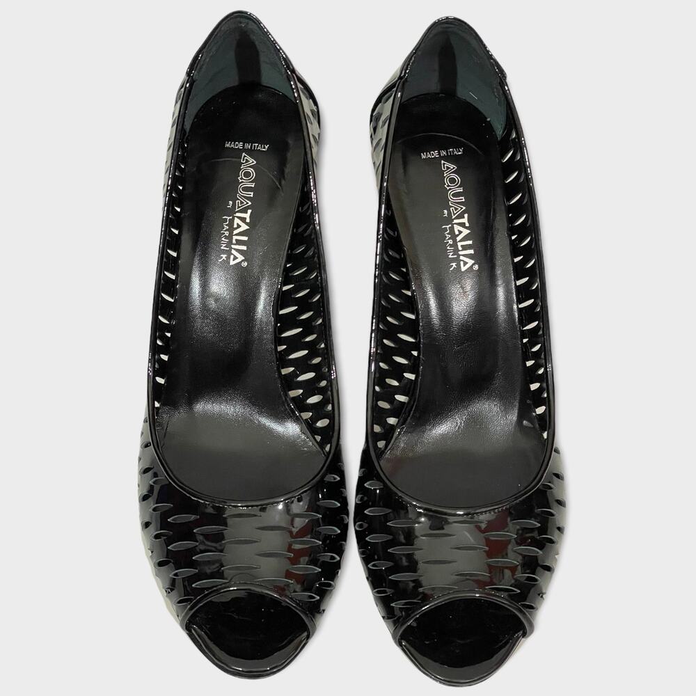 Aquatalia Roxy Cutout Peep Toe Heels - Black Patent Leather - 9.5